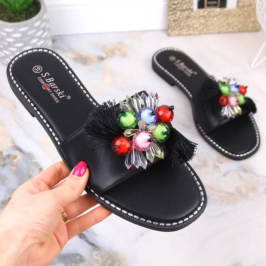 S.Barski Klapki damskie płaskie komfortowe czarne z koralikami S.Barski KV 2775-47 41