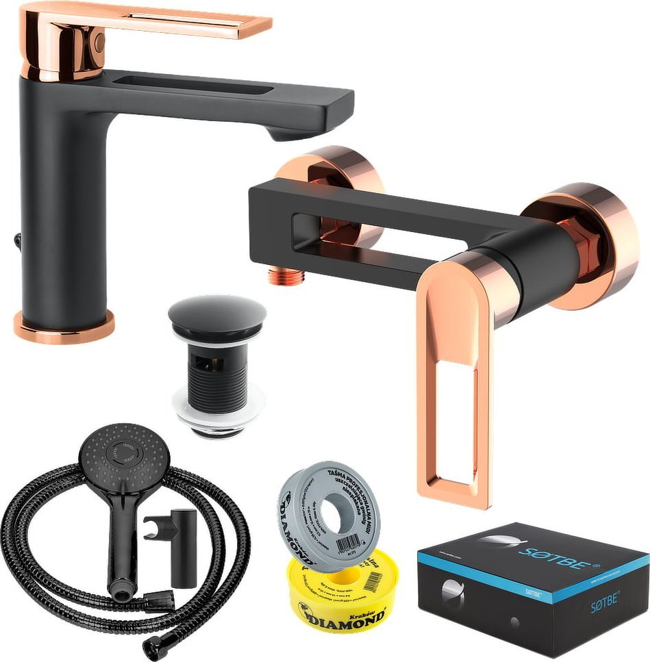 Sotbe SOTBE LOFT SVART GOLD Bateria prysznicowa + umywalkowa stojąca czarno złota z korkiem klik klak BLACK ROSE GOLD