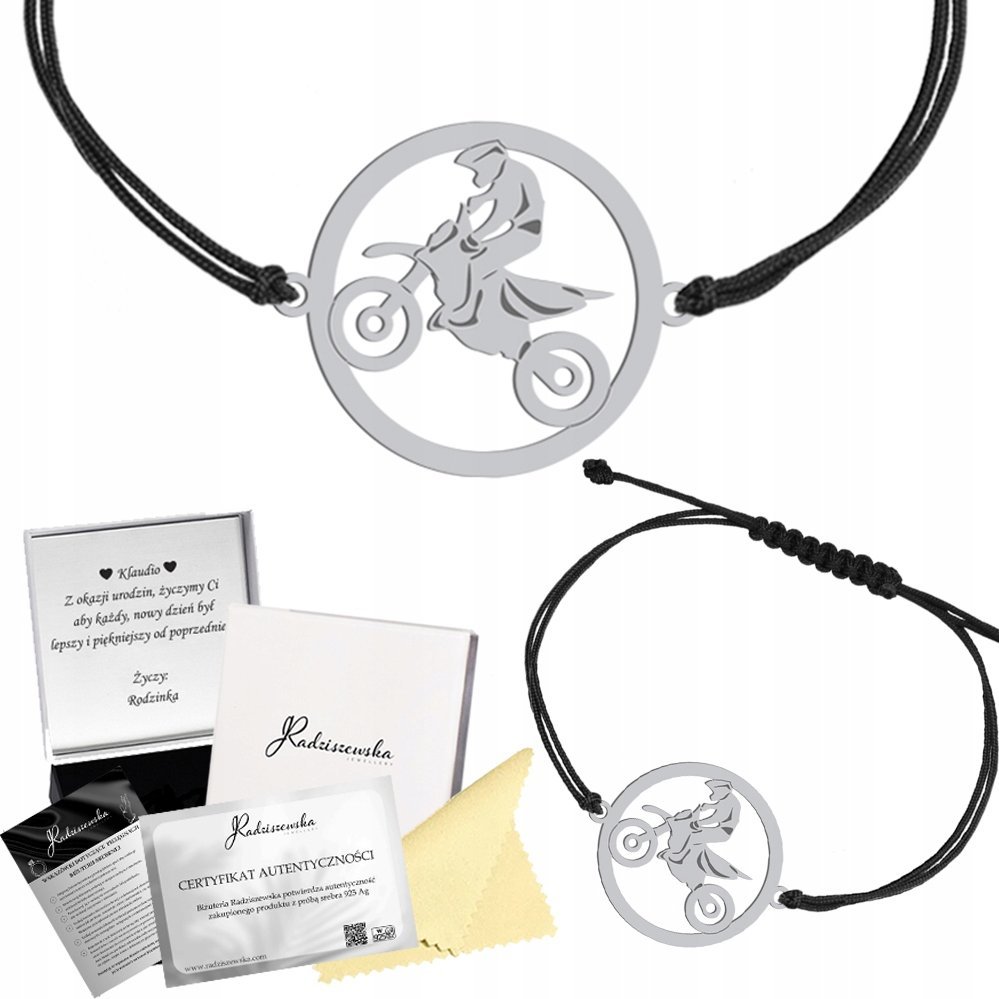 Radziszewska Jewellery Bransoletka Srebrna Motocross Sznurek Srebro 925 Prezent GRAWER GRATIS