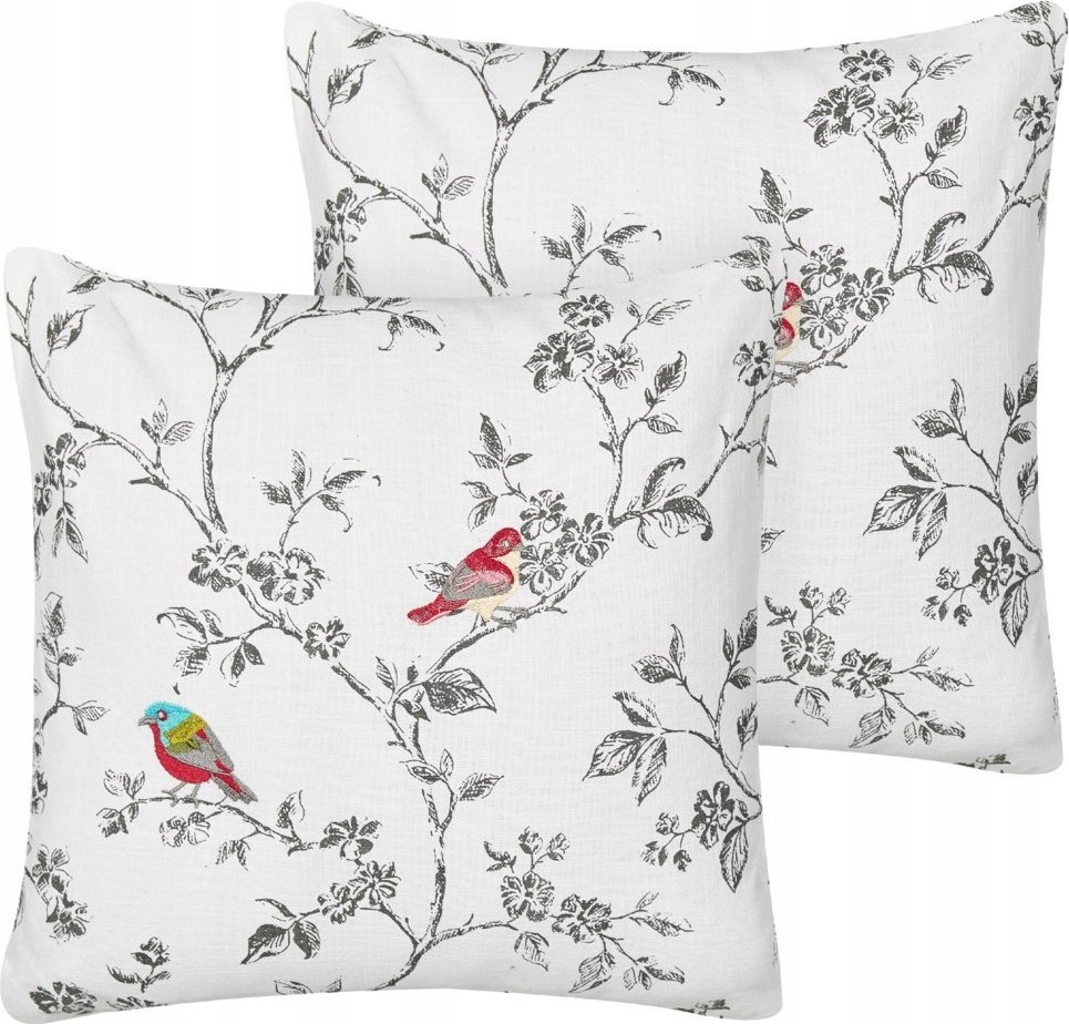 Beliani 2 bawełniane poduszki dekoracyjne z motywem ptaków 45 x 45 cm białe DILLENIA