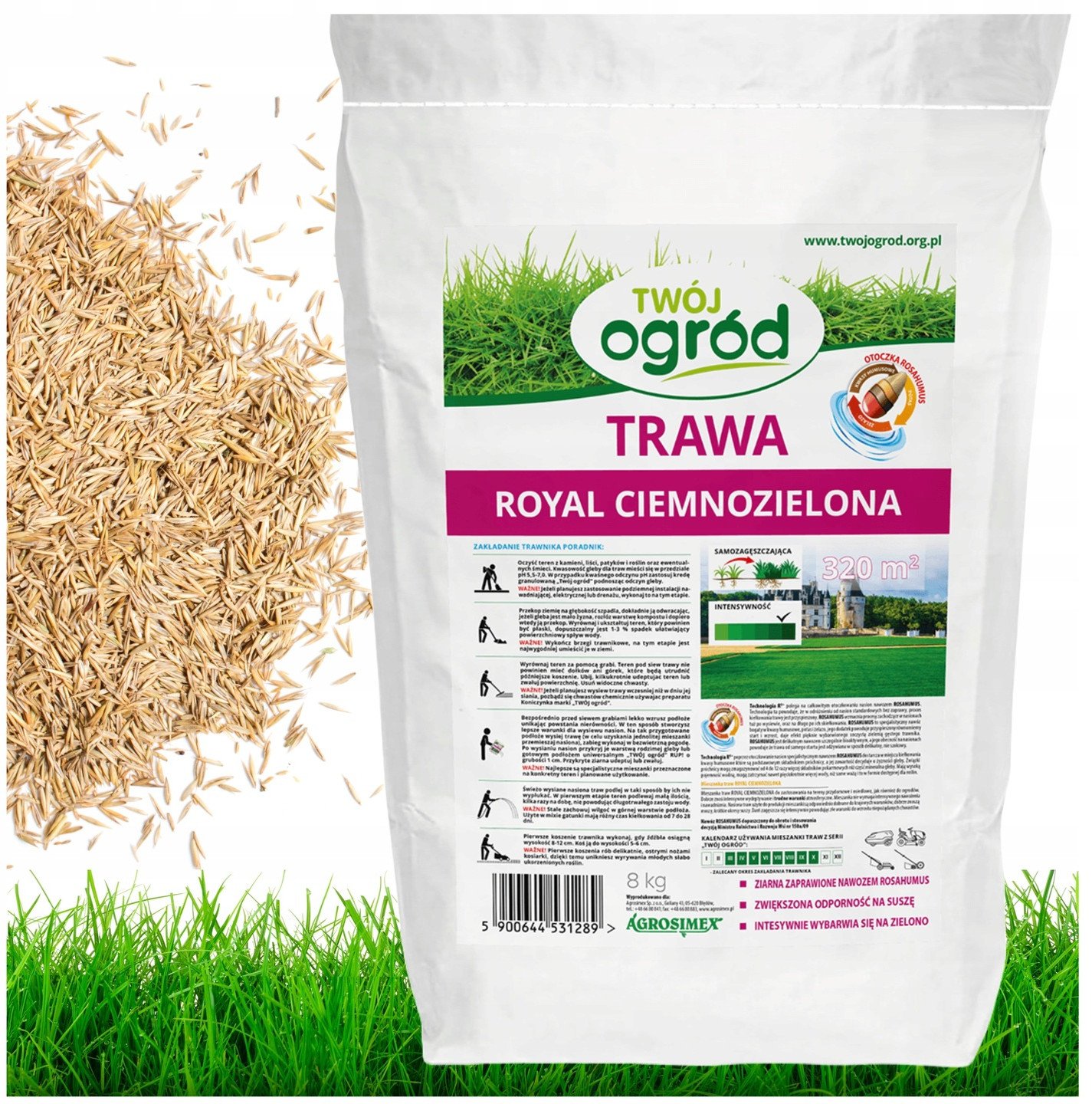 Mieszanka nasion Trawa Royal Ciemnozielona Twój Ogród z Rosahumusem 8 kg