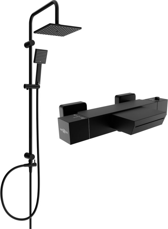 Zestaw prysznicowy Mexen Mexen Tord zestaw wannowo-prysznicowy z deszczownicą i baterią wannową termostatyczną Cube, czarny - 77360200-70