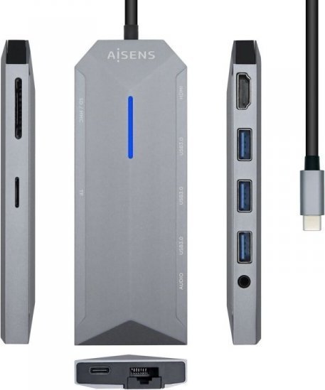 HUB USB Aisens HUB USB Aisens USB-C Dock 9 en 1, USB-C a 1x HDMI, 1xRJ45, 3x USB, 1x PD, 1x Audio, 1x SD, 1x Micro SD, Gris, 15 cm