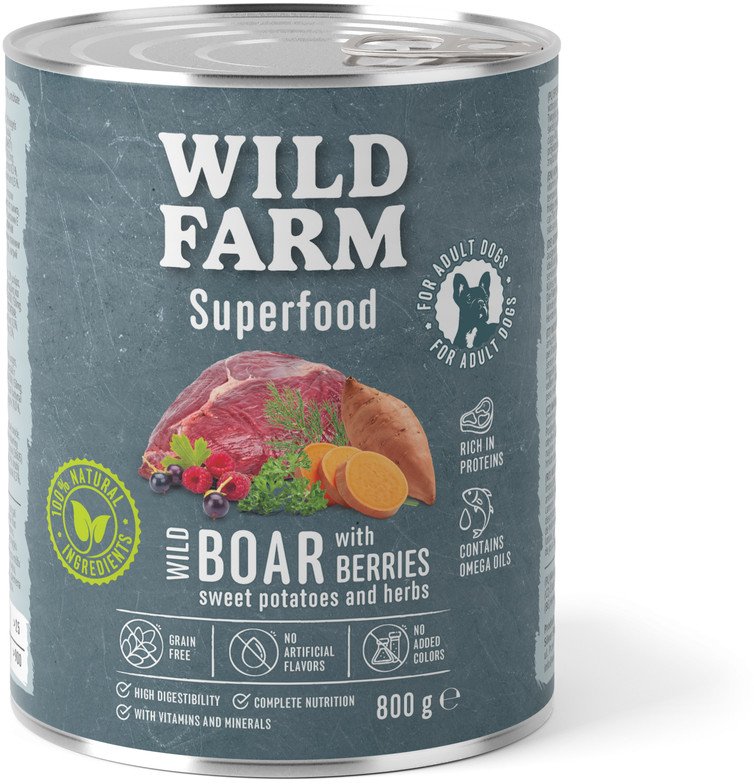 WILD FARM Superfood Wild Boar (Dziczyzna z batatami, jagodami i ziołami) 800g bezzbożowa karma dla psa