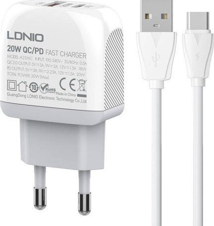 Ładowarka LDNIO Ładowarka sieciowa LDNIO A2316C USB, USB-C + kabel USB-C