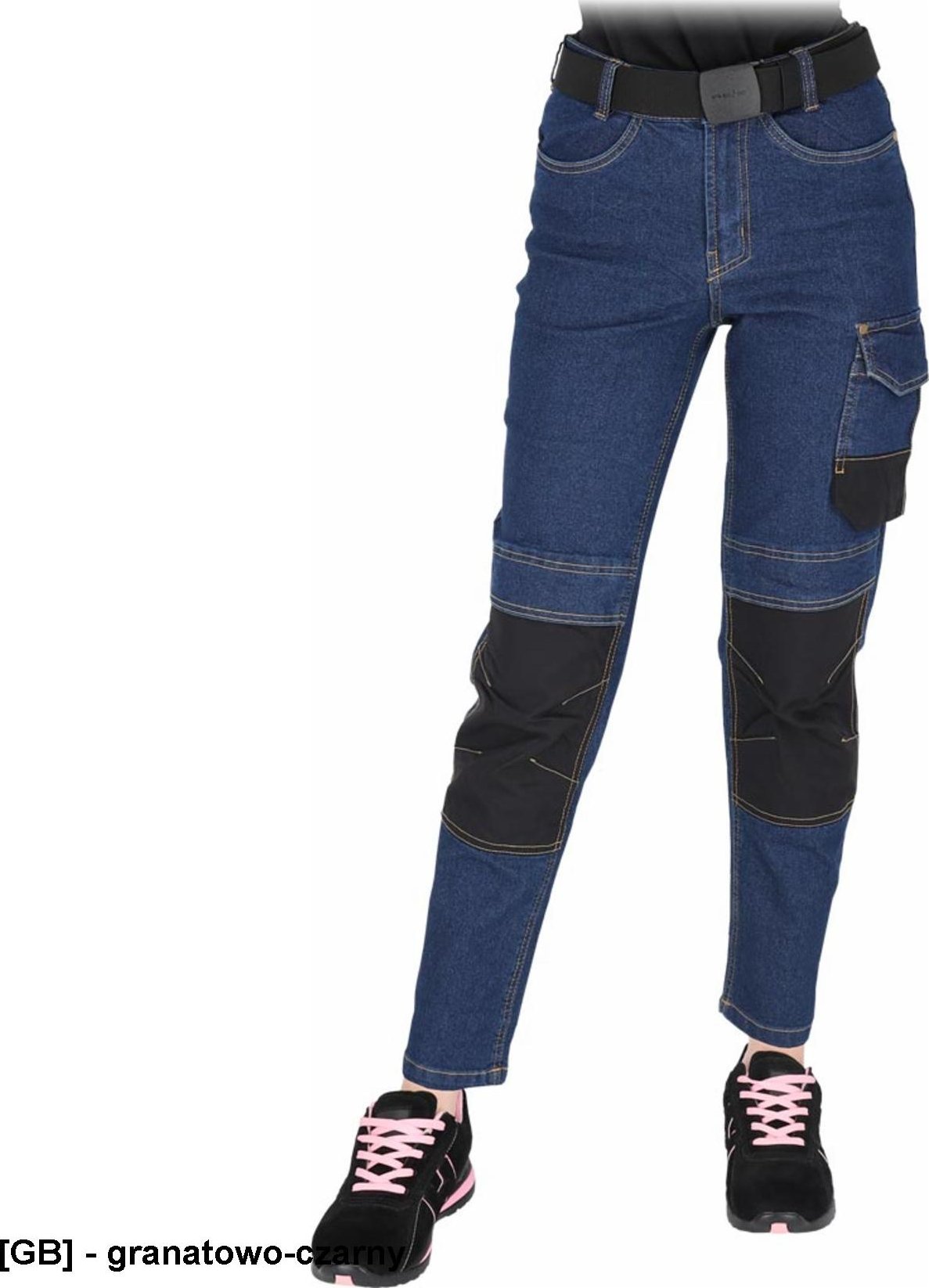 JEANS-L777 - Elastyczne spodnie ochronne do pasa damskie zapięcie guzik zamek błyskawiczny 6 kieszeni i na nakolanniki tkanina jeansowa 78% bawełna, 2