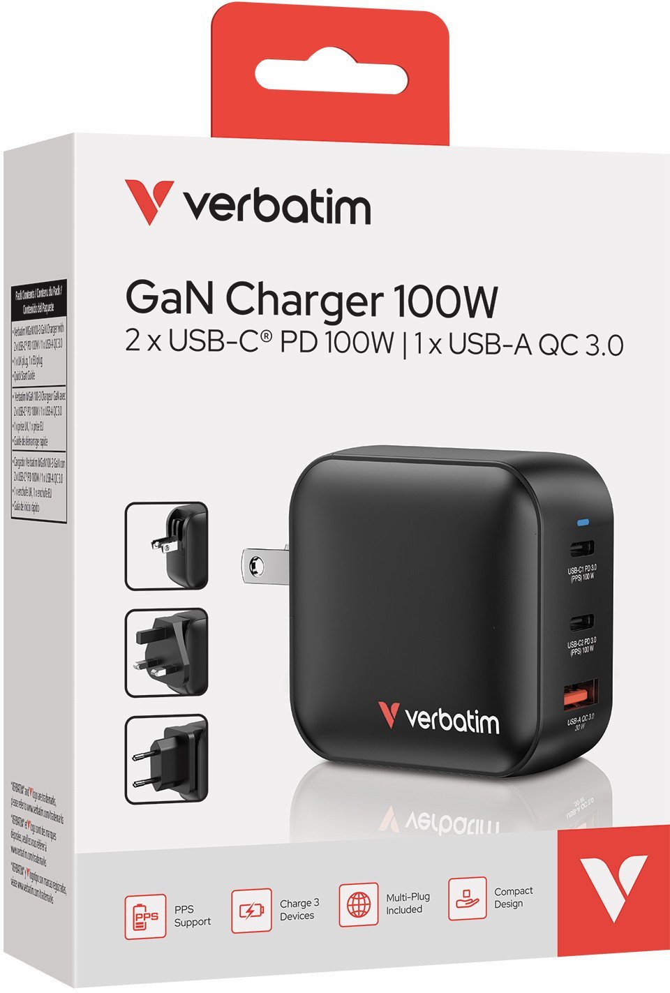 Verbatim Mini GaN Charger 100W 3Port US/EU/UK ADP 32230