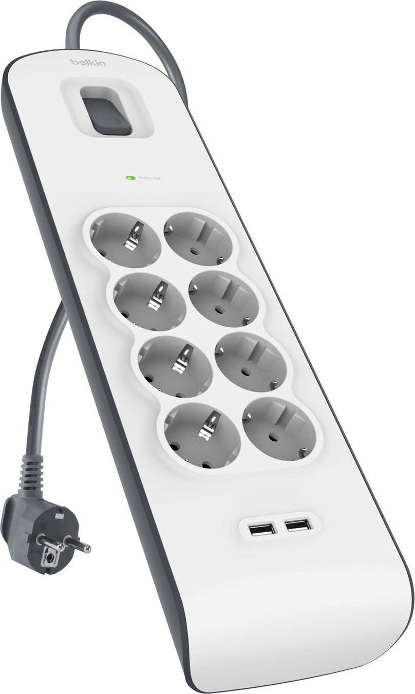 Belkin Listwa zasilająca przeciwprzepięciowa 900J, 8 gniazd Schuko, 2x USB-A, 2m