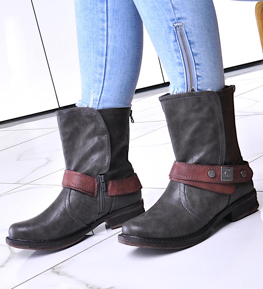 Pantofelek24 Szare damskie botki na niskim obcasie /G9-3 12415 T392/ 39