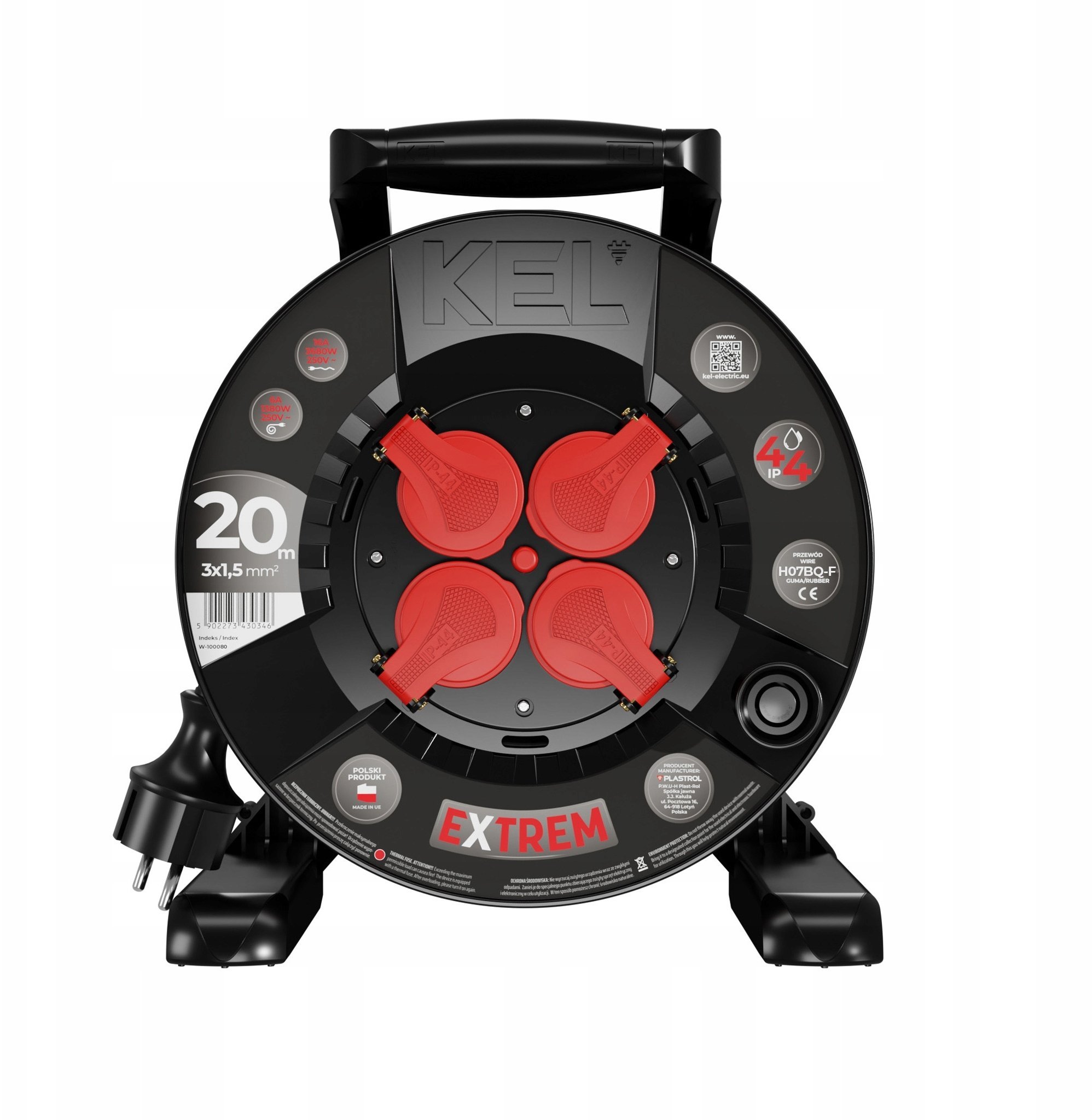 Przedłużacz bębnowy EXTREME LINE 4 gniazda z/u IP44 16A H07BQ-F 3x1,5 20m czarny W-100080