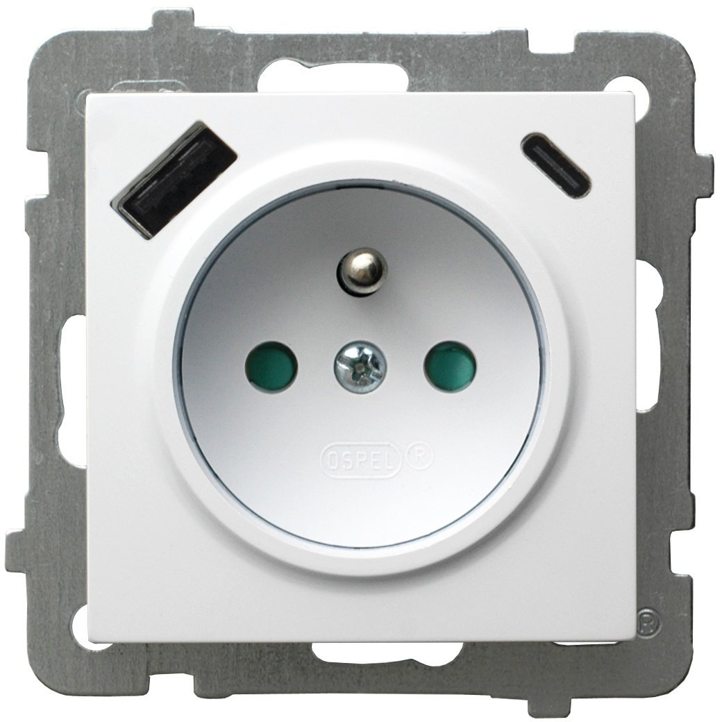 AS Gniazdo pojedyncze z uziemieniem z przesłonami torów prądowych, z ładowarką USB A+C biały GP-1GZPUSBAC/m/00