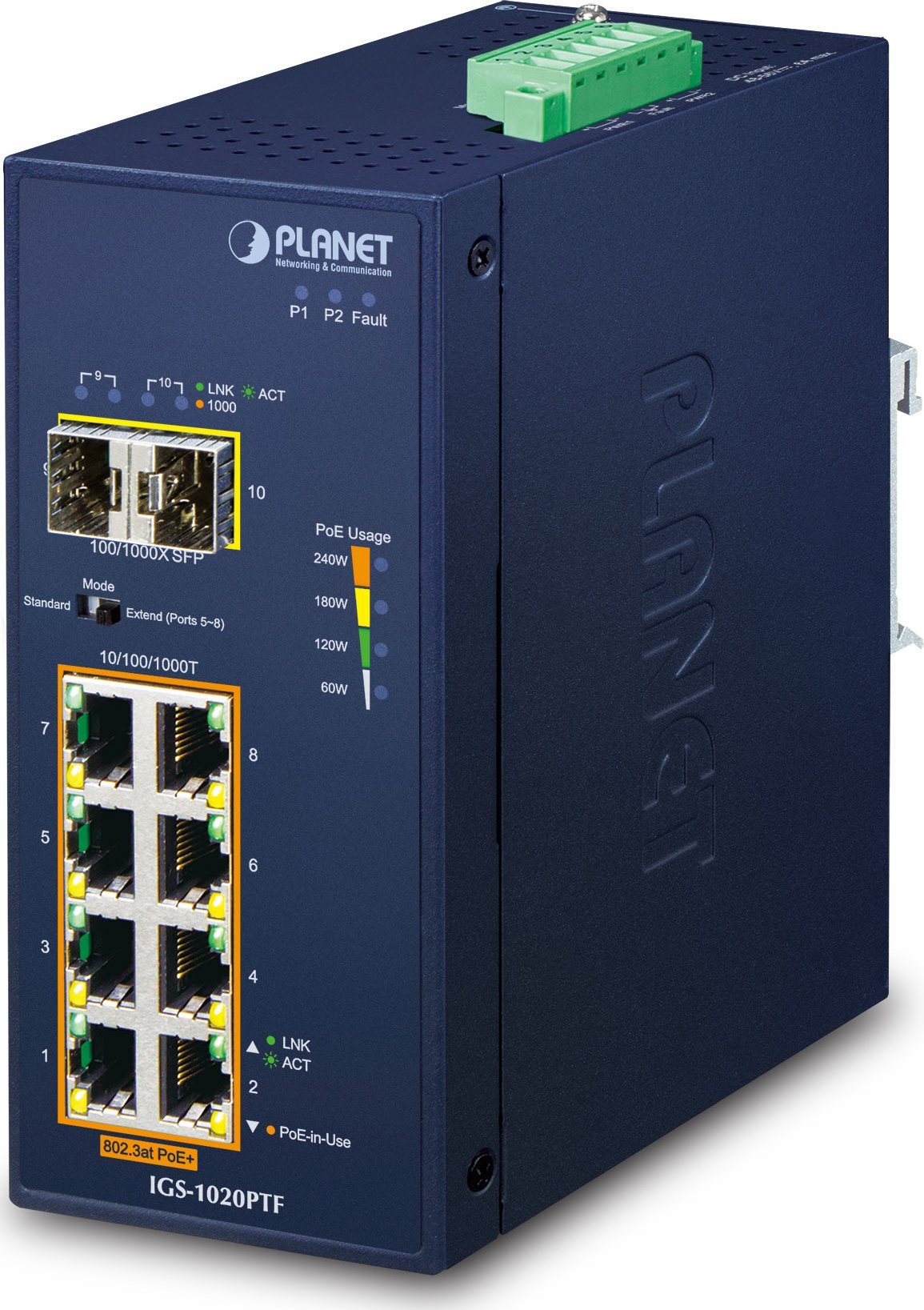 Switch Planet PLANET Industrial 8-Port GE 802.3at PoE + 2 100/1000X SFP