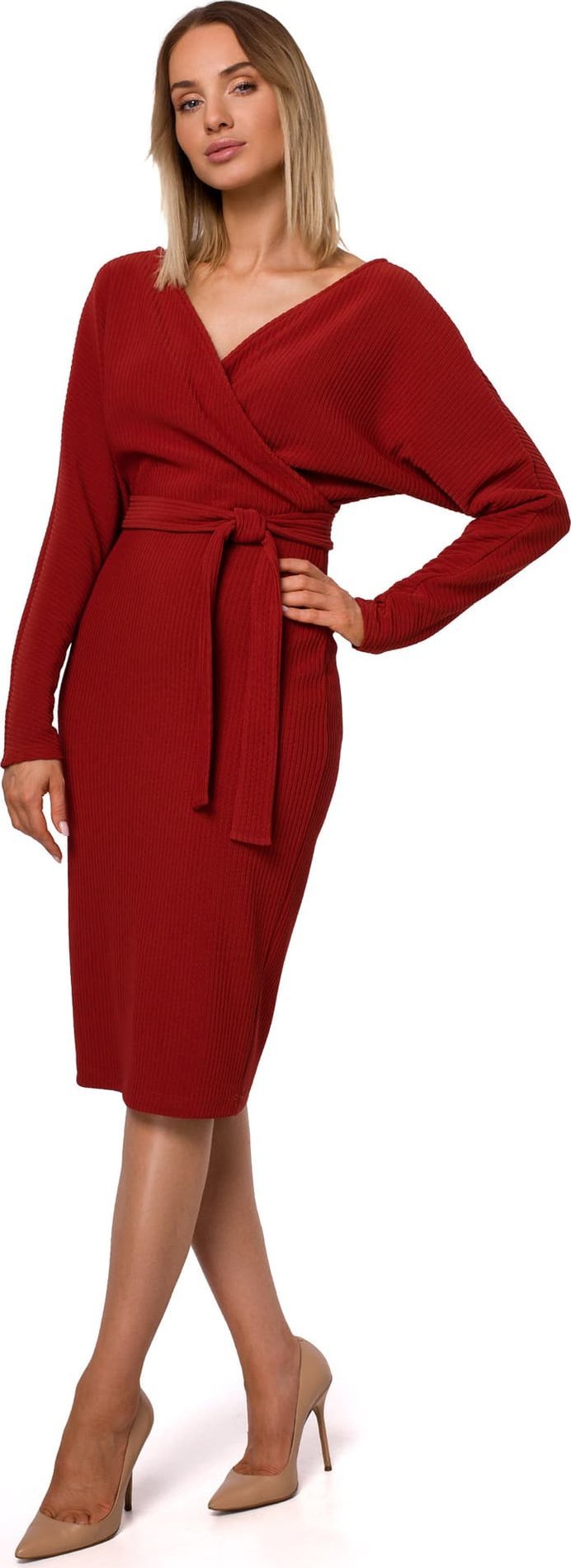 MOE M523 Sukienka z kopertową górą i paskiem - ceglasta (kolor cegła, rozmiar L)