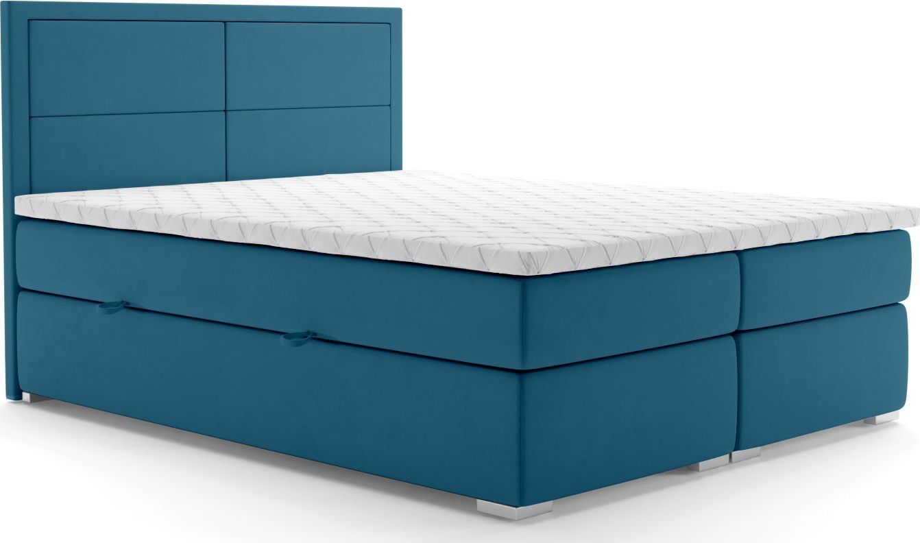LAVERTO Łóżko kontynentalne DENNERY 160x200 ciemno niebieskie velvet z pojemnikiem