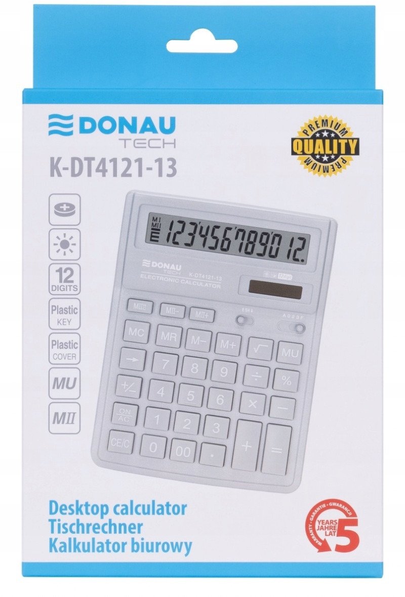 Kalkulator biurowy DONAU TECH, 12-cyfr. wyświetlacz, wym. 190x143x40 mm, srebrny