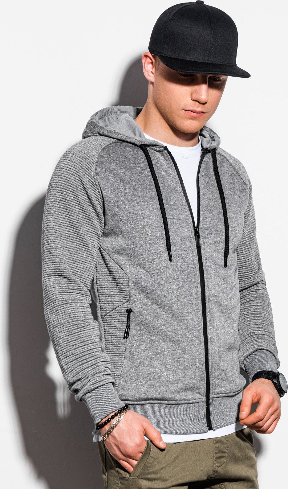 Ombre Bluza męska rozpinana z kapturem B1083 - szary melanż S