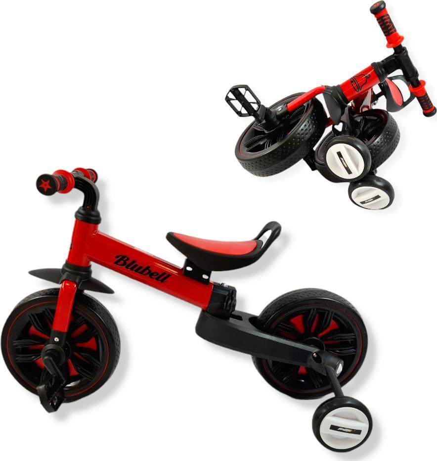 Rowerek biegowy BLUBELL czterokołowy koła pomocnicze i pedały składany 110 czerwony