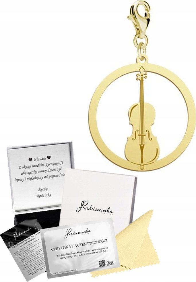 Radziszewska Jewellery Charms Złoty Wiolonczela Karabińczyk Srebro 925 Prezent DEDYKACJA GRATIS