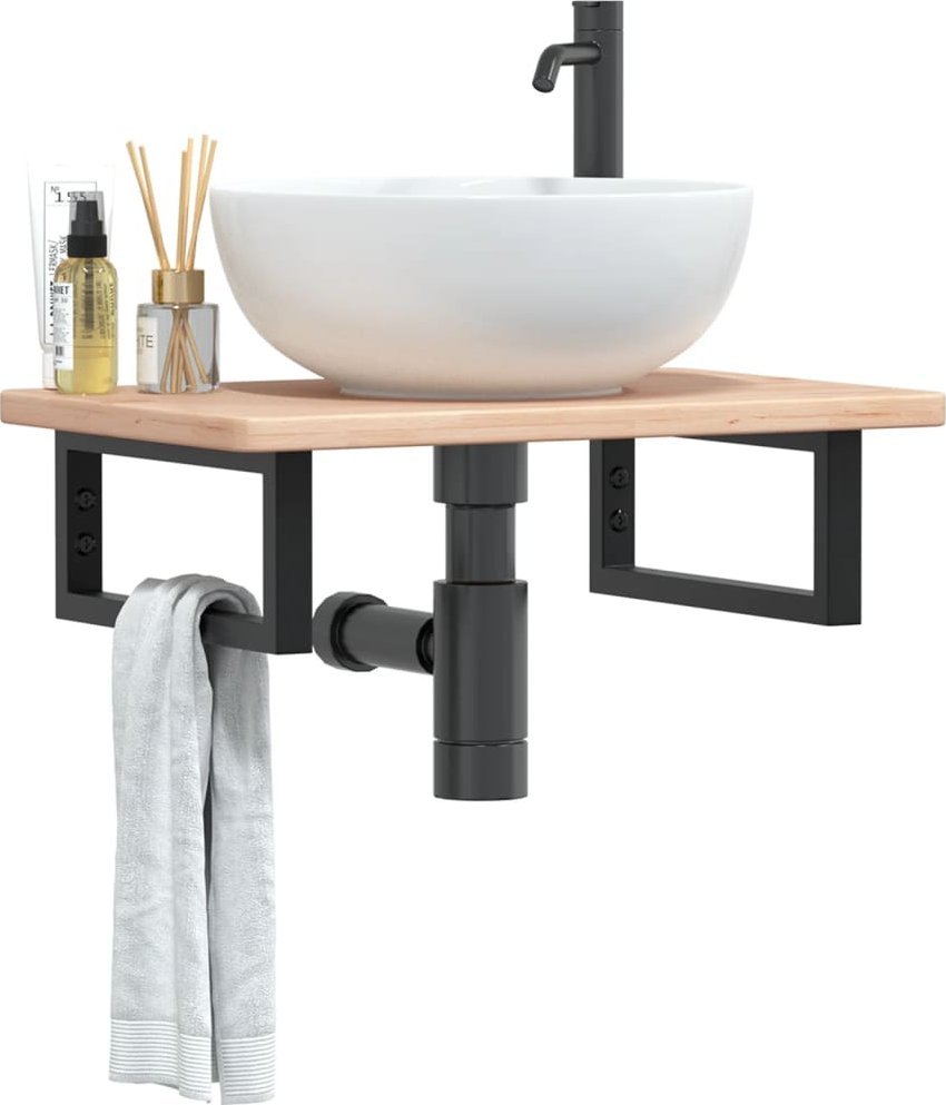 vidaXL Półka ścienna pod umywalkę, stal i lite drewno dębowe