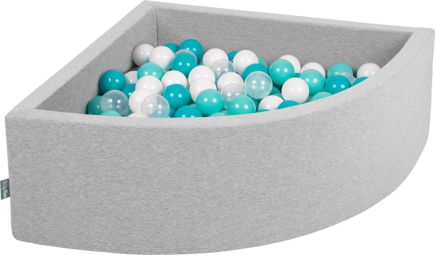 KiddyMoon Suchy basen trójkątny z piłeczkami 7cm jasnoszary: jasny turkus-biały-transparent-turkus 90x30cm/200piłek Zabawka basen piankowy