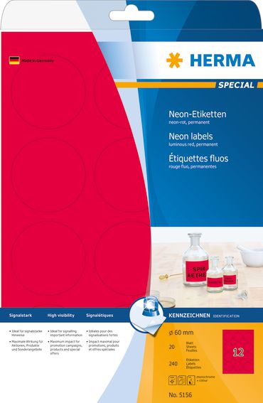 Herma Etykiety kolorowe 5156, A4, okrągłe, 60 mm, papier matowy jaskrawy czerwony, 240 szt (5156)