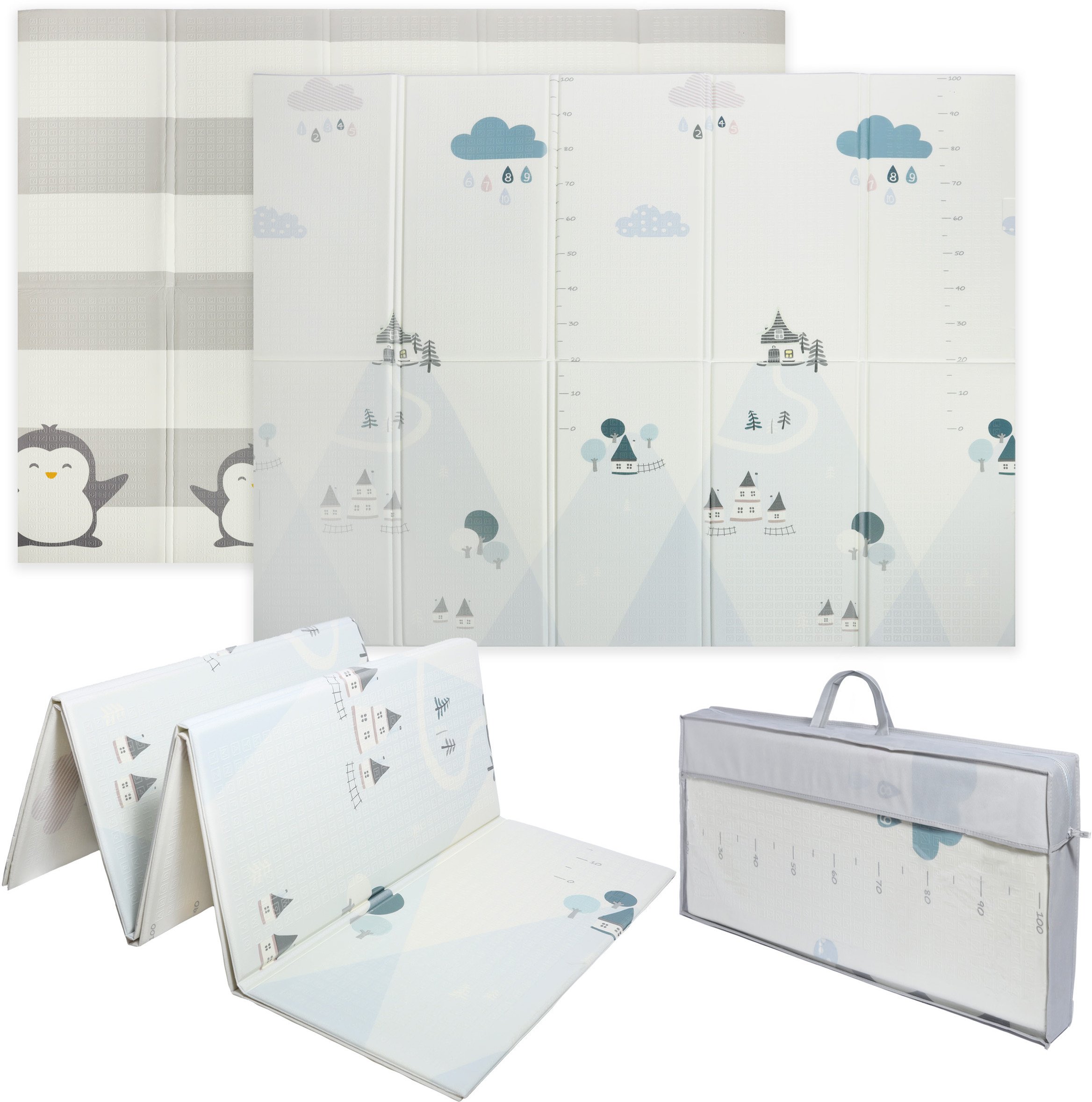 Dwustronna składana kolorowa edukacyjna piankowa mata dziecięca XXL 180x200 cm - pingwinek