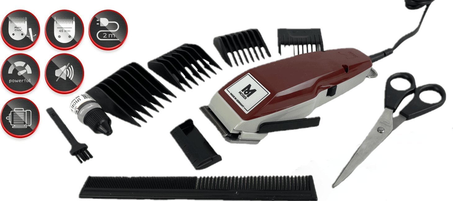 Moser Moser 1400 Bordo Maszynka do włosów + 4 nasadki, nożyczki i grzebień