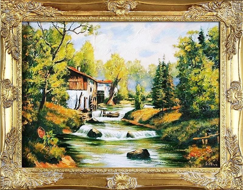 GO-BI Obraz Dworki, mlyny, chaty, ręcznie malowany 37x47cm uniwersalny