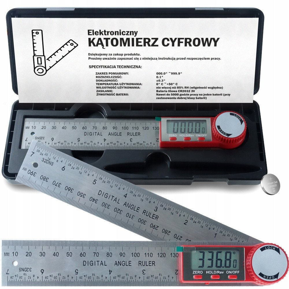 METALOWY KĄTOMIERZ ELEKTRONICZNY CYFROWY Z EKRANEM LCD 200mm 360 + BATERIE