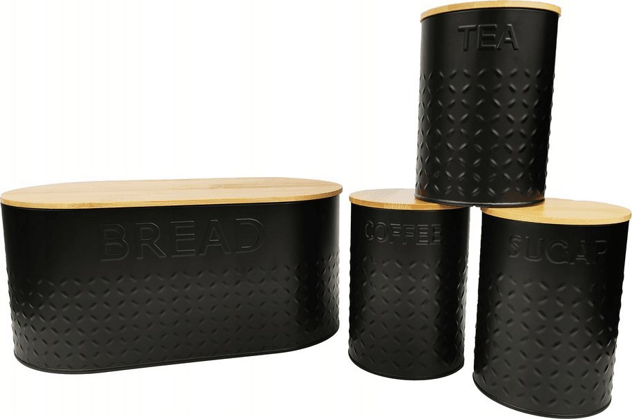 Chlebak kontrast Zestaw Chlebak + 3 pojemniki na kawa cukier herbata deska do krojenia stal+bambus czarne