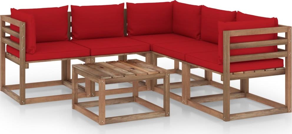 vidaXL 6-cz. zestaw wypoczynkowy do ogrodu, czerwone poduszki, sosna