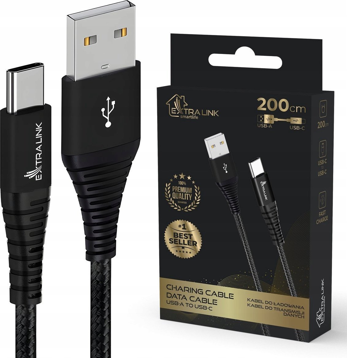 Kabel USB ExtraLink USB-A - USB-C 2 m Czarny (CABESL01)