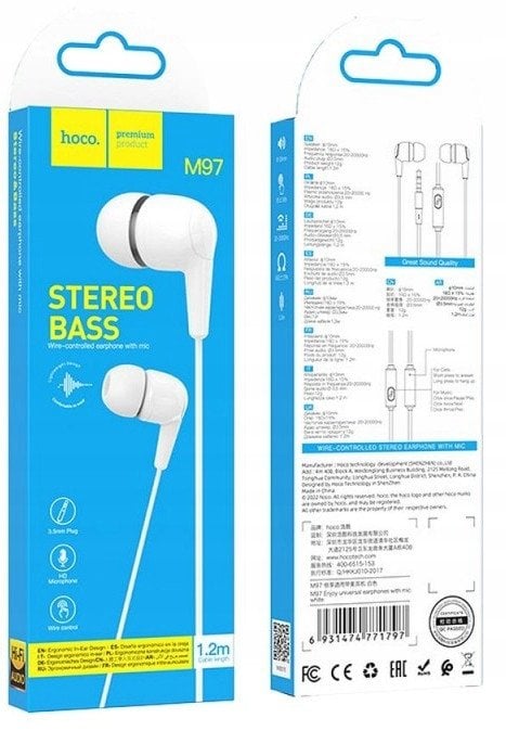 Słuchawki przewodowe douszne Jack 3,5 mm Hoco M97 białe