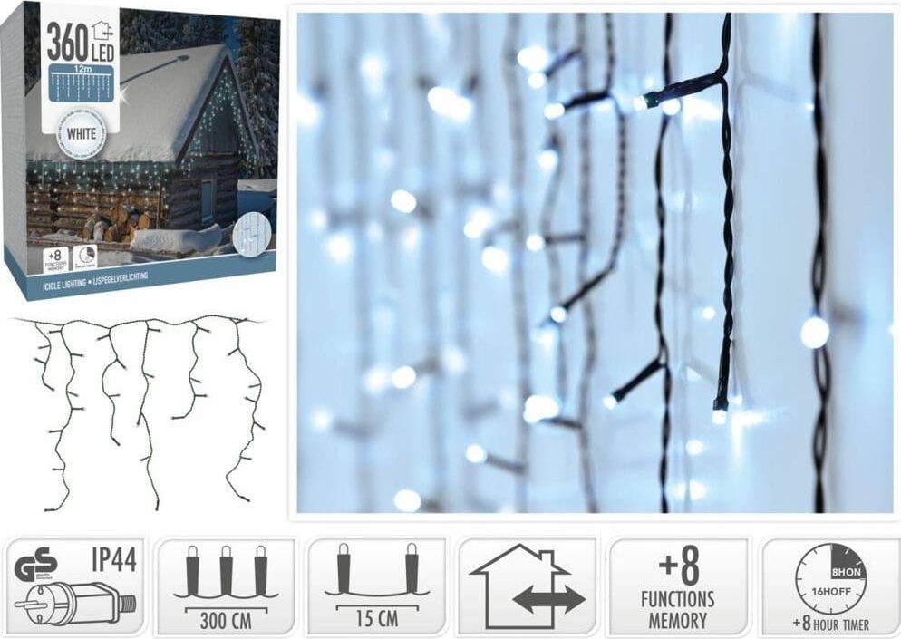 Koopman LAMPKI CHOINKOWE KURTYNA ŚWIETLNA ZEW 360 LED STEROWNIK TIMER ZIMNY BIAŁY KABEL TRANSPARENTNY