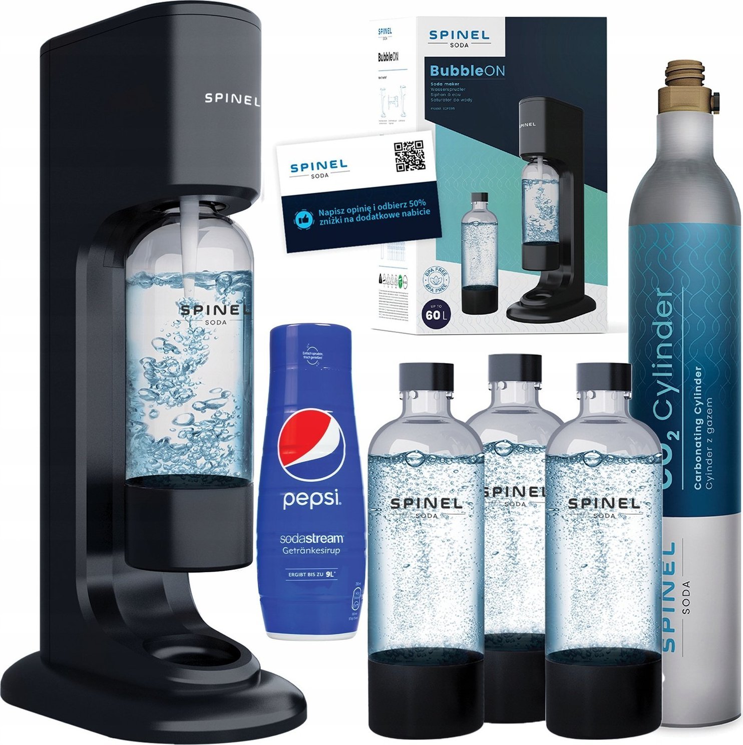 Saturator Sodastream Saturator SpinelSoda BubbleON + Butelka do saturatora SpinelSoda, czarna x1 + syrop Pepsi