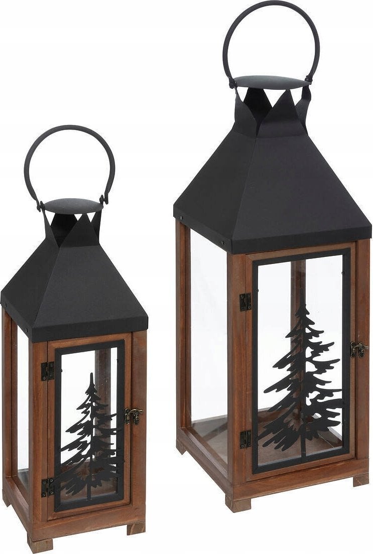 Atmosphera Drewniane lampiony z metalową ramą i uchwytem, 2 sztuki