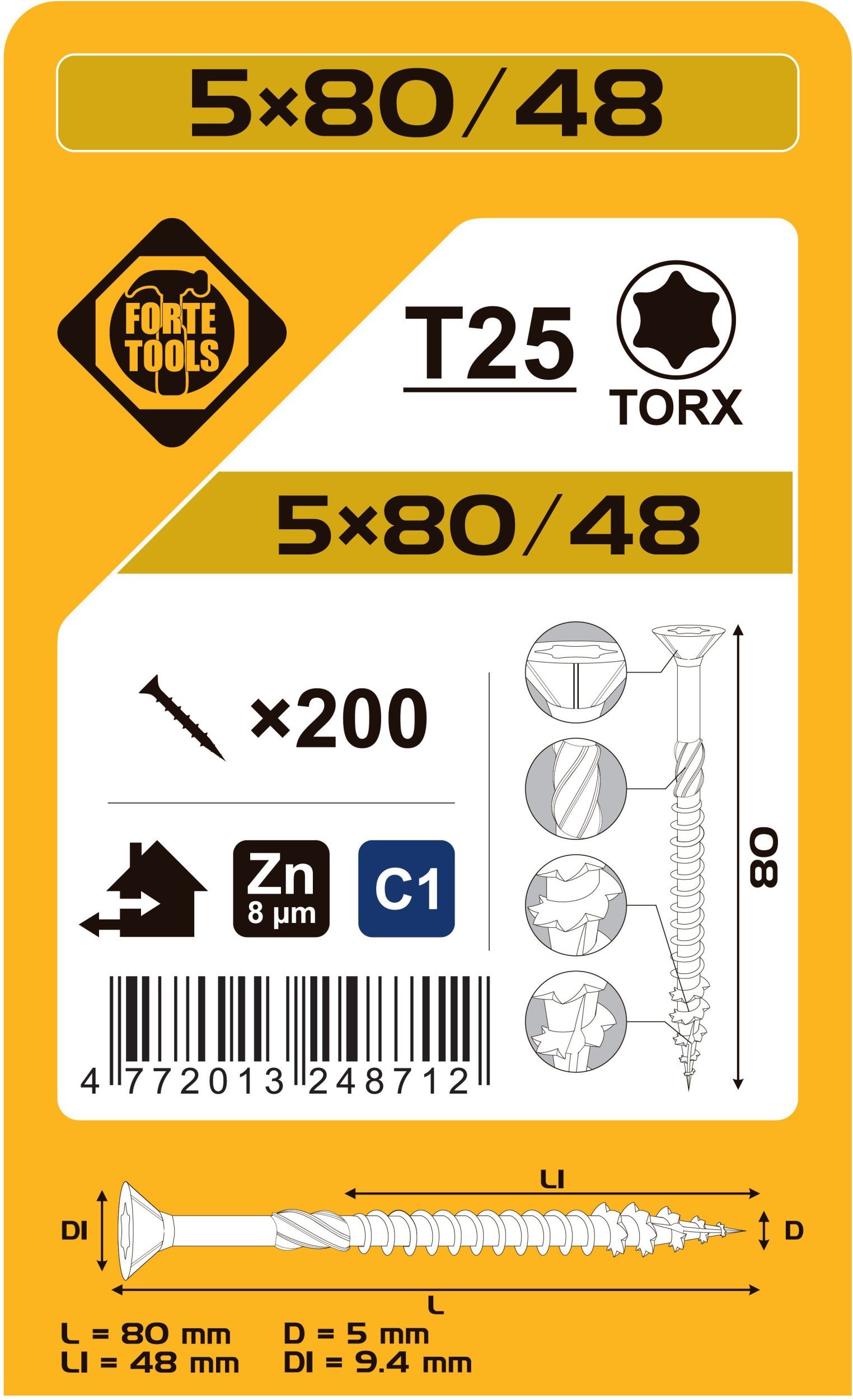 CHIPBOARD SCR T25 5.0X80/48 WHITE ZN(200