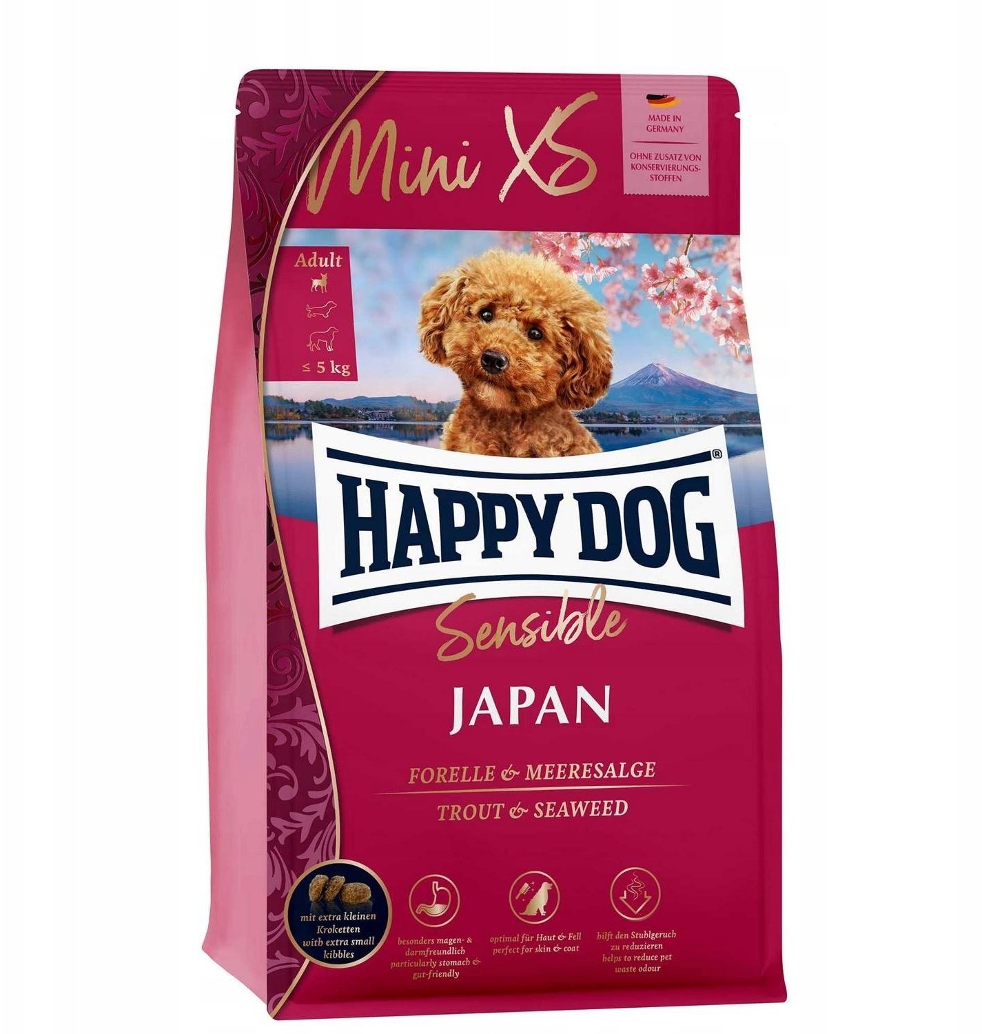 Happy Dog Mini XS Japan, sucha karma, dla dorosłych psów do 5 kg, pstrąg i algi, 300 g