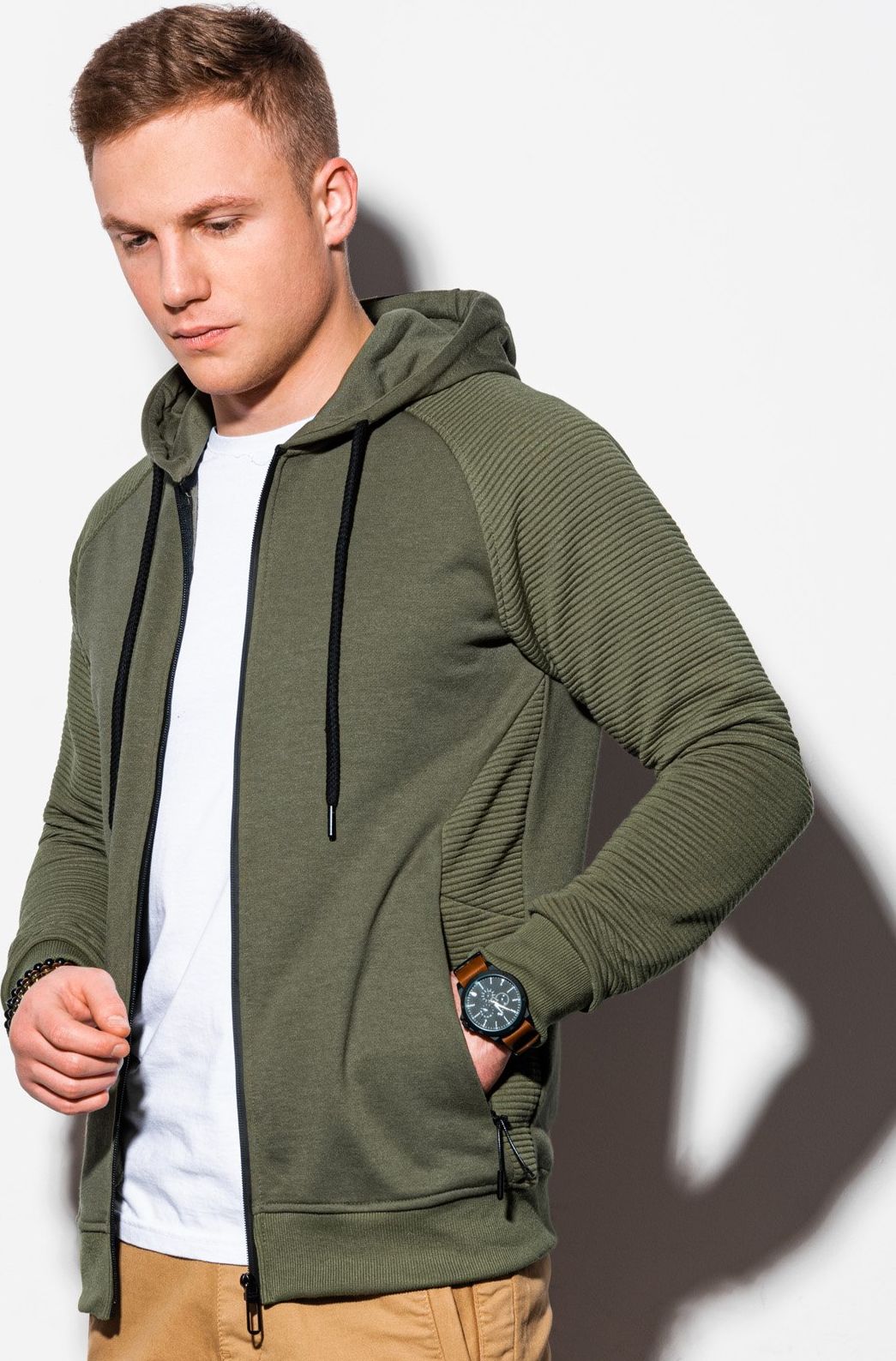 Ombre Bluza męska rozpinana z kapturem B1083 - khaki XXL