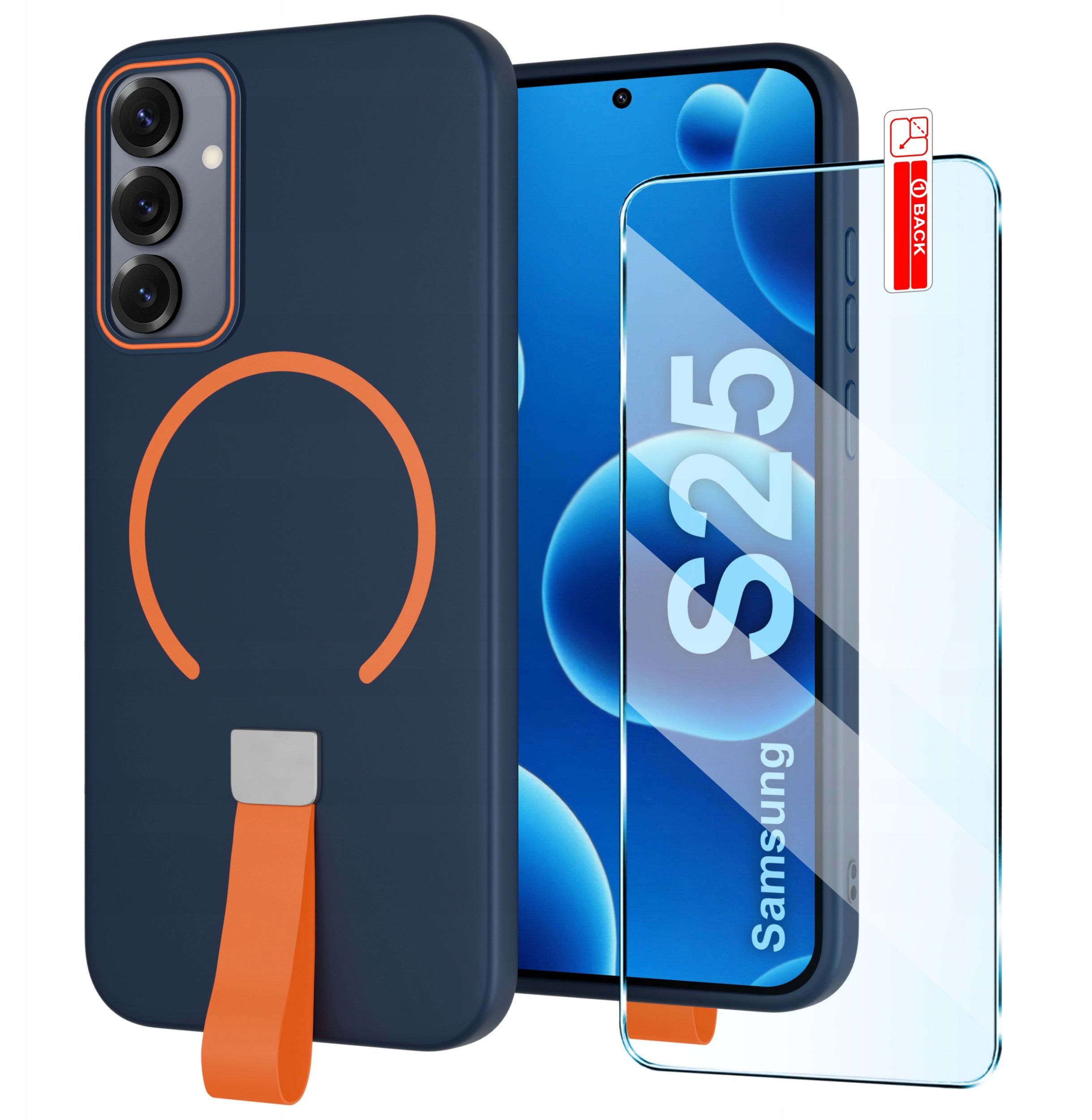 Etui z Paskiem na palec Matowe GRANATOWE do Samsung S25 |do MagSafe +Szkło