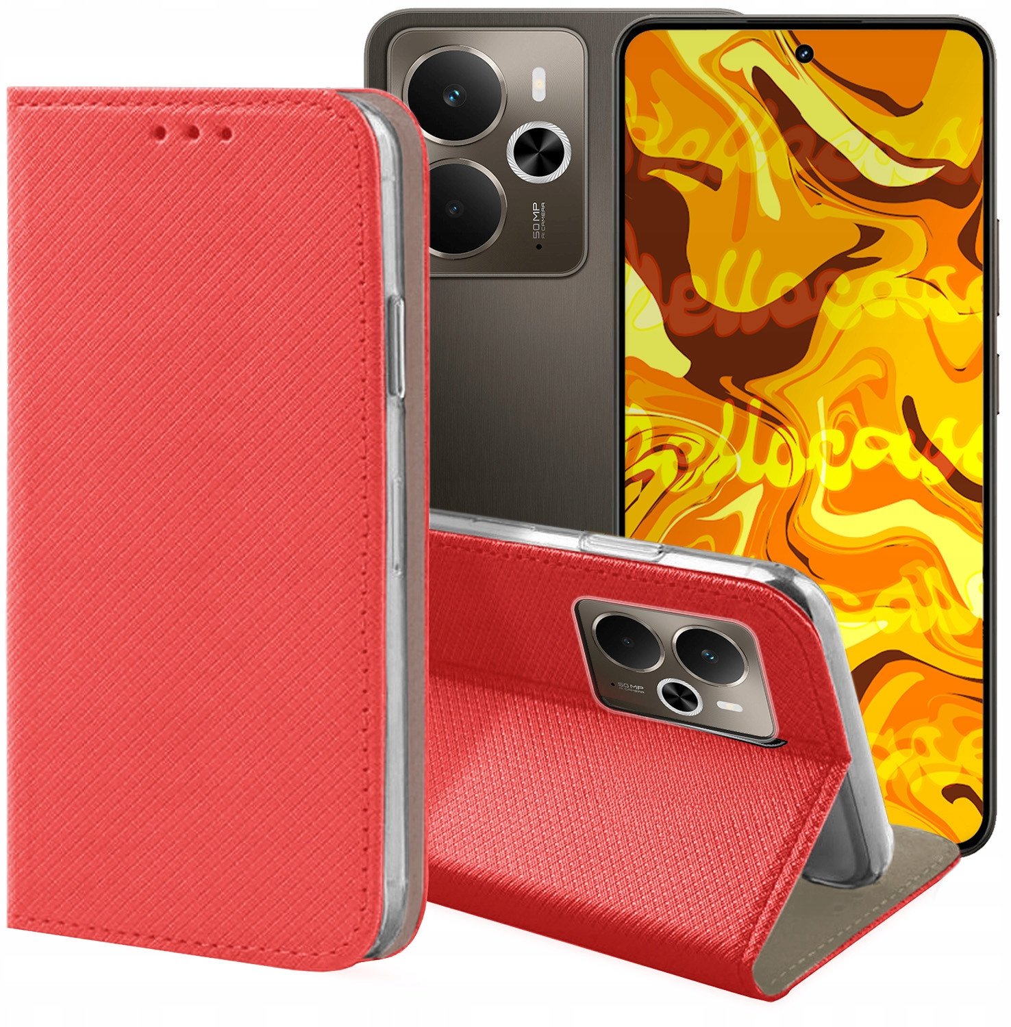 ETUI Z KLAPKĄ DO REALME 14 5G / 14T 5G CZERWONE ZAMYKANE MAGNETYCZNE KABURA