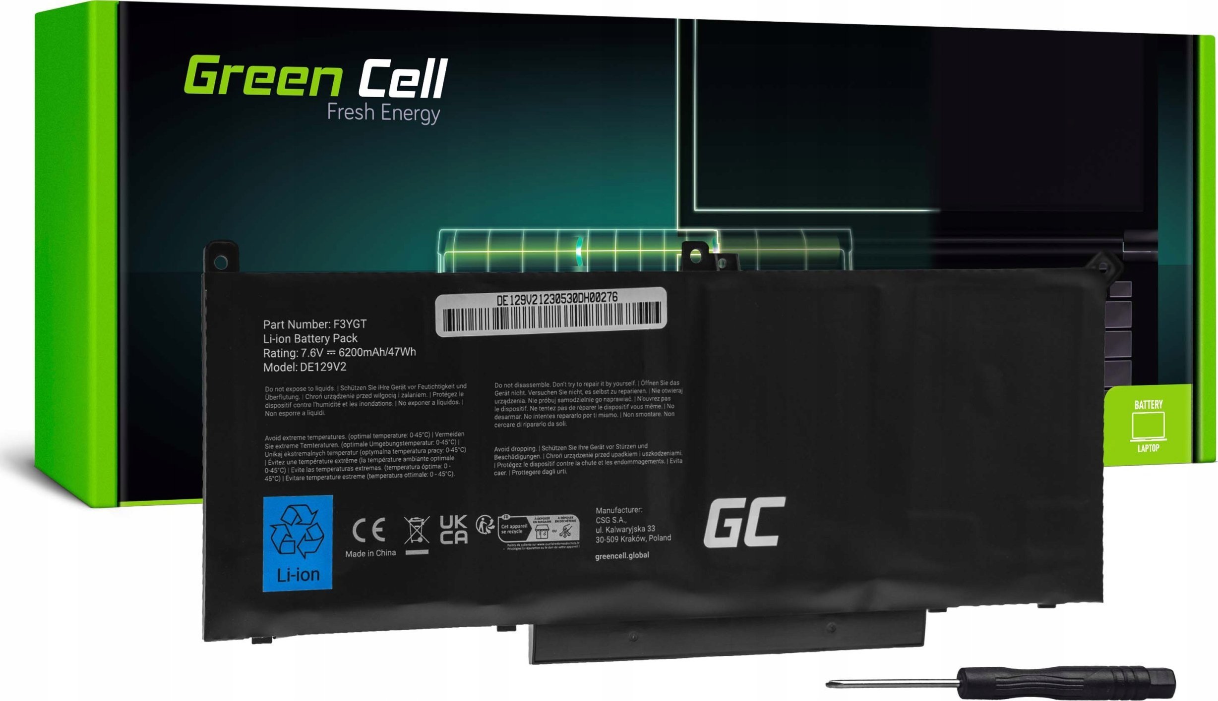 Bateria Green Cell F3YGT do Dell Latitude 7280 7290 7380 7490 7.6V 6200mAh (DE129V2)