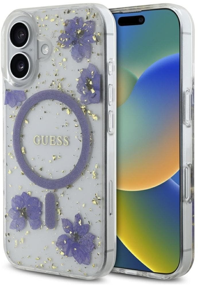 Etui Guess Resin Flowers Glitter MagSafe do Apple iPhone 16 fioletowy