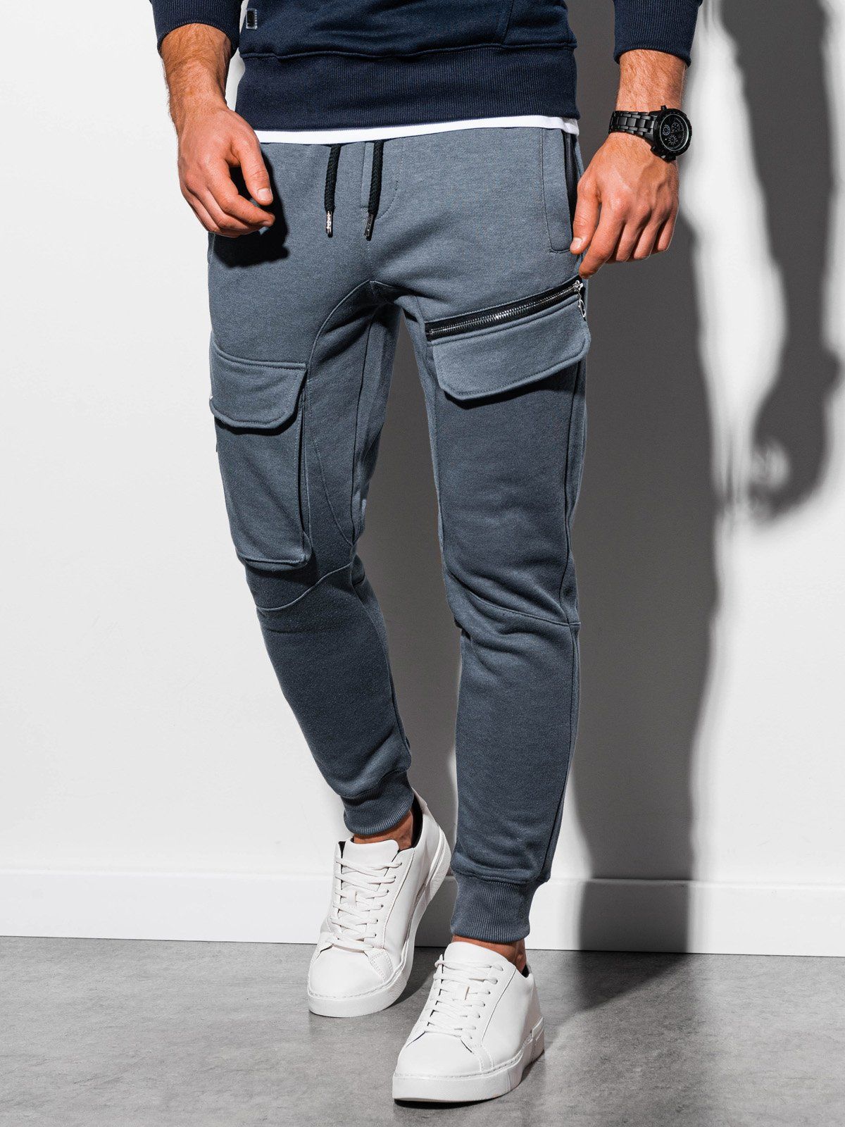 Ombre Spodnie męskie dresowe P905 - grafitowe L