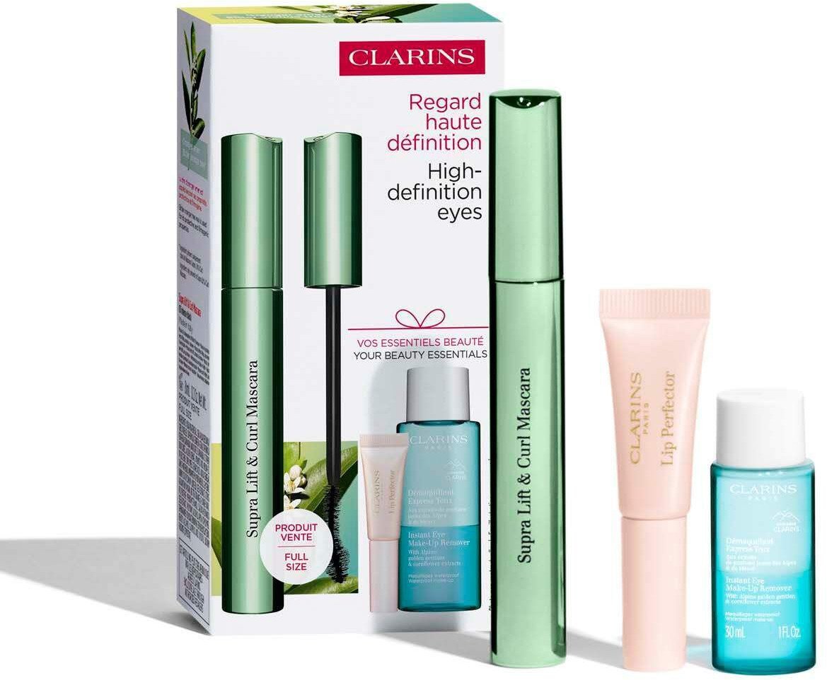 CLARINS SET (MASCARA SUPRALIFT& CURL 8ML + INSTANT EYE MAKEUP REMOVER 30ML NATURAL LIP PERFECTOR N. 20 5ML)