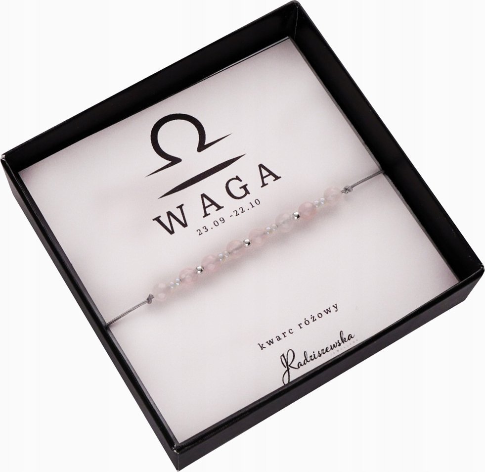 Radziszewska Jewellery Bransoletka Znak Zodiaku WAGA Kamienie Naturalne Kwarc Różowy Prezent 925