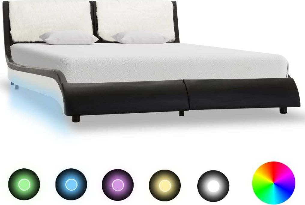 vidaXL Rama łóżka z LED, czarno-biała, sztuczna skóra, 140 x 200 cm