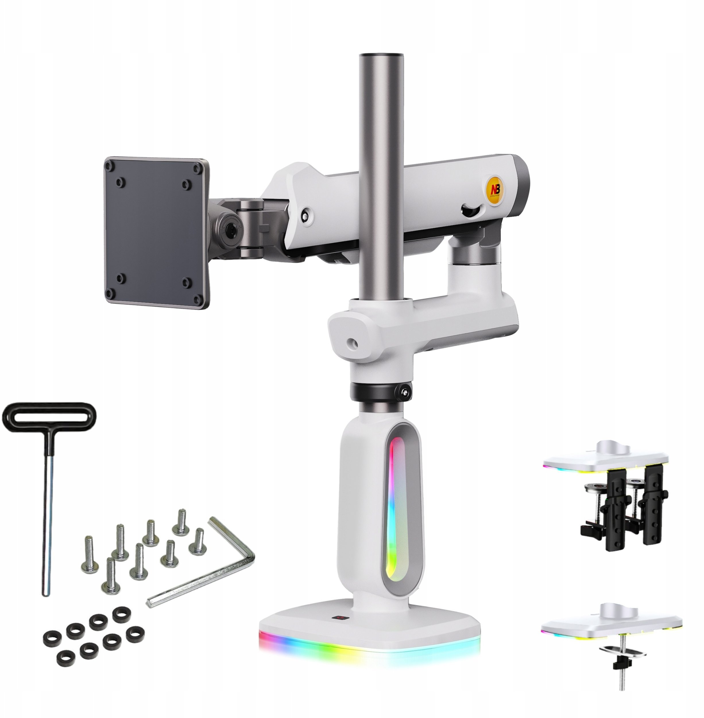 F7-XE Pearl White Podświetlenie RGB Gamingowy mocny uchwyt biurkowy do dużych monitorów 32-60 cali