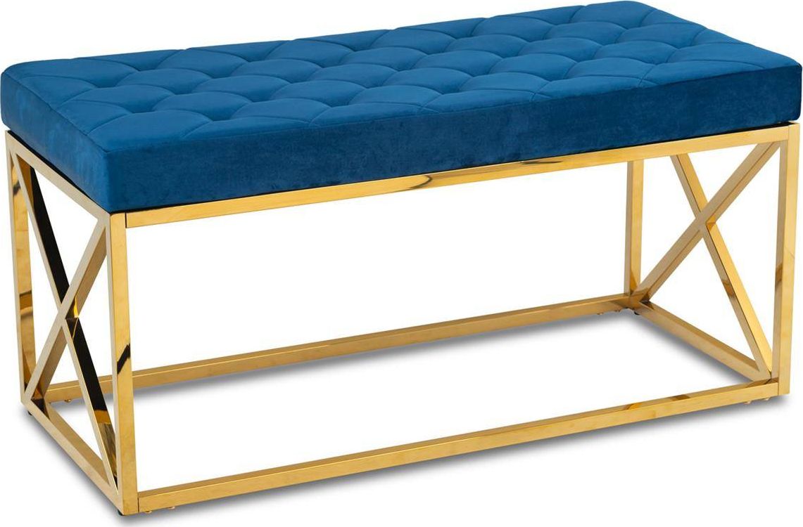 HowHomely Niebieska tapicerowana pikowana pufa Nelja Gold Navy HowHomely