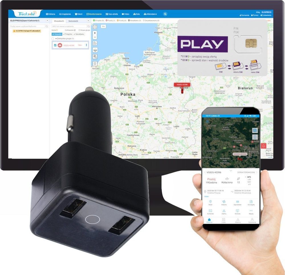 Moduł GPS Acurel Lokalizator GPS gniazdo zapalniczki + karta Play + Tracksolid 1 rok uniwersalny